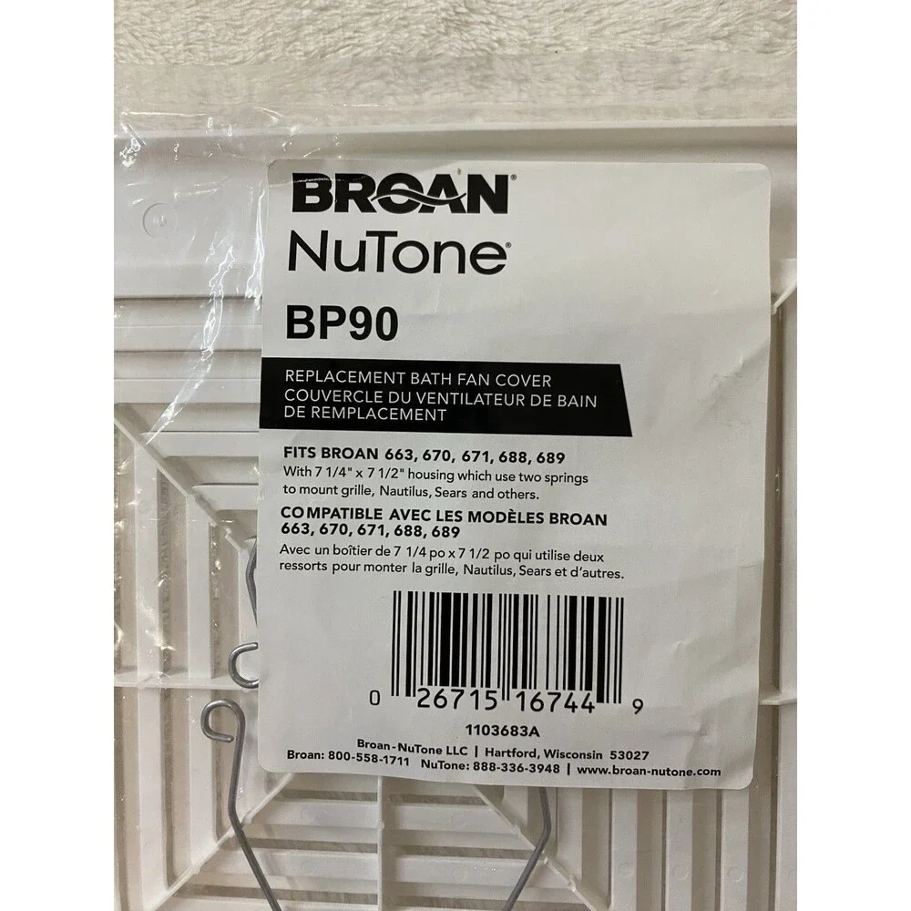Broan NuTone BP90 Replacement Bath Fan Cover White Fits 663 670 671 688 689